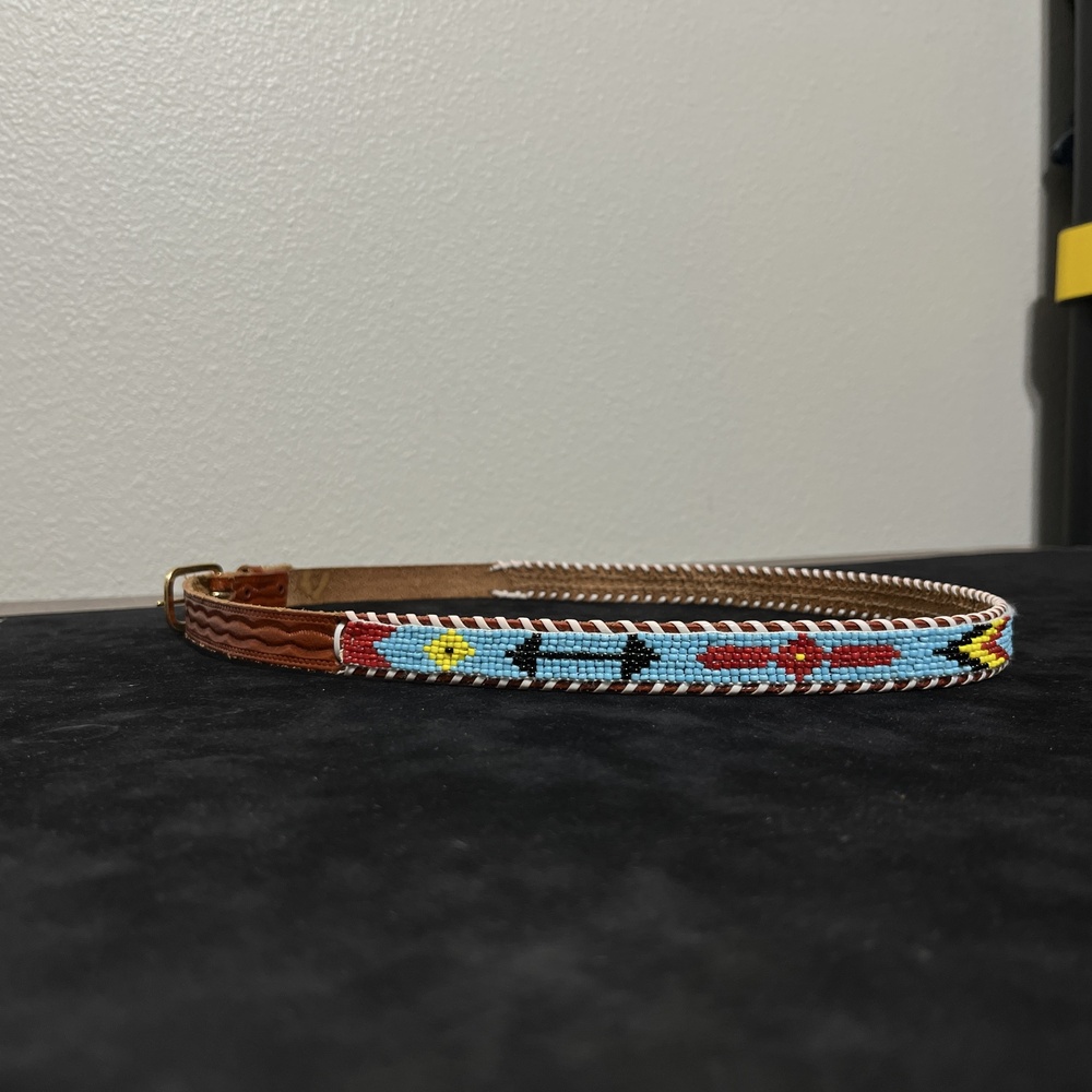 Navajo Turquoise Beaded Thunderbird Leather Western Belt Mens 36 Tribal Buckle
